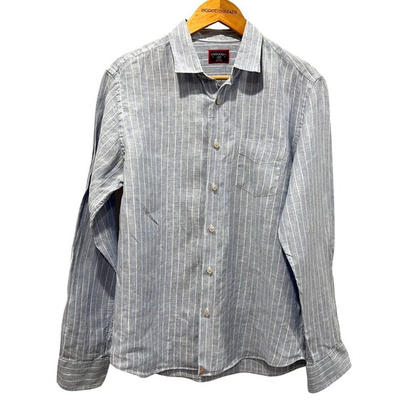 UNTUCKit Men's Linen Striped Long Sleeve Shirt, Blue, L - Picture 1 of 6